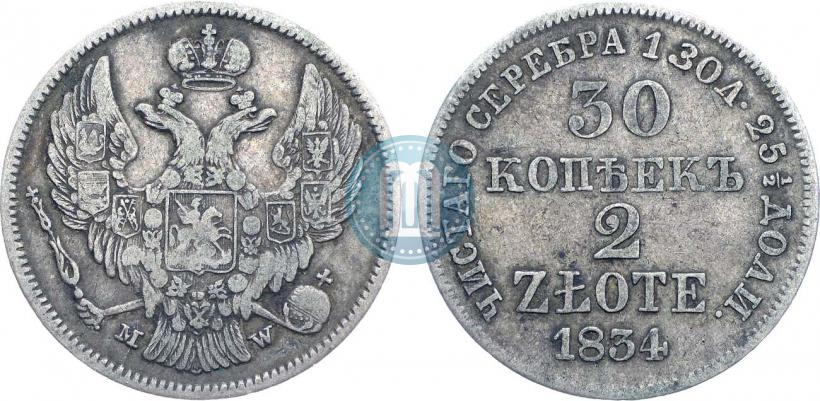 Фото 30 копеек - 2 злотых 1834 года MW 