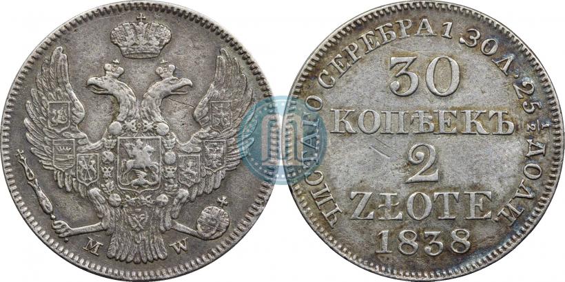Фото 30 копеек - 2 злотых 1838 года MW 