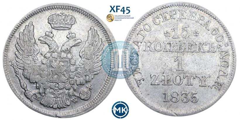 Фото 15 копеек - 1 злотый 1835 года MW 