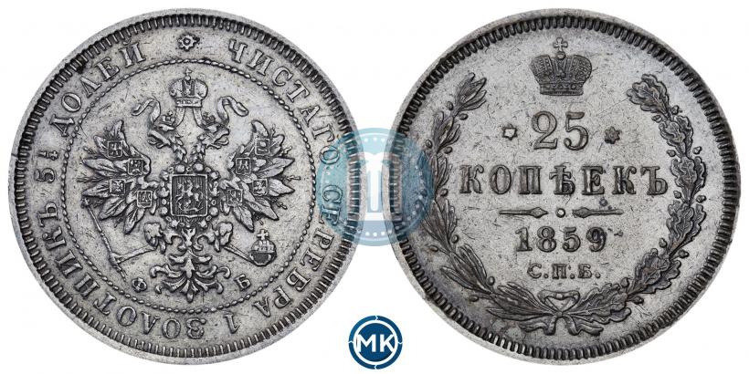 Фото 25 копеек 1859 года СПБ-ФБ 