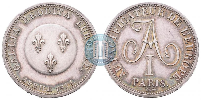 Фото 2 франка 1814 года  "В честь Императора Александра I"