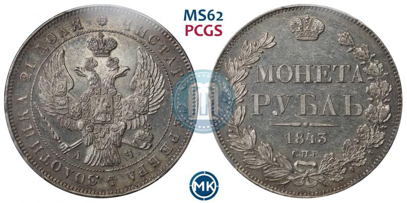 Фото 1 рубль 1843 года СПБ-АЧ 