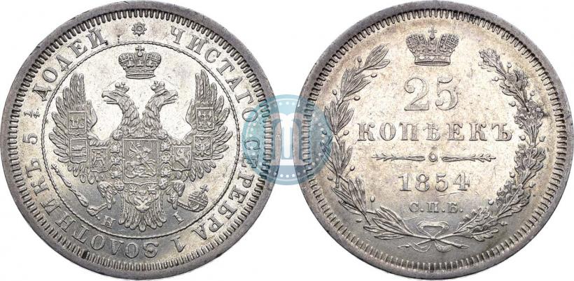 Фото 25 копеек 1854 года СПБ-HI 