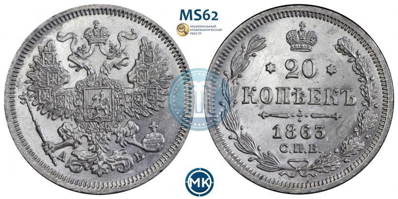 Picture 20 kopecks 1863 year СПБ-АБ 