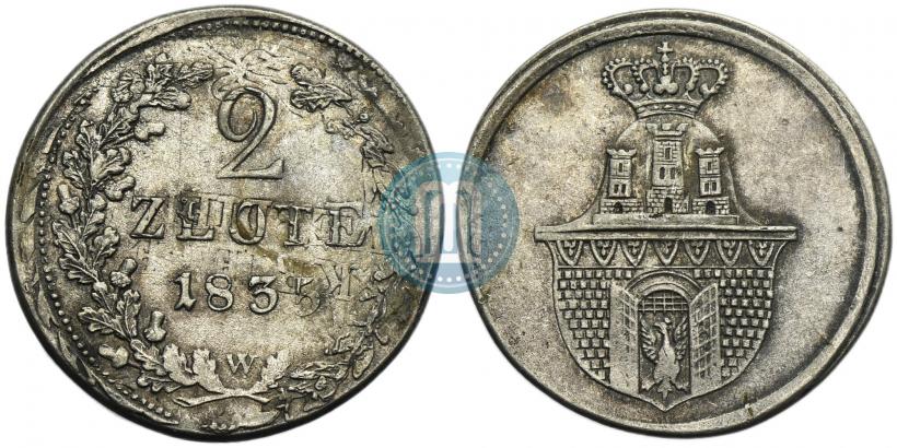 Фото 2 злотых 1835 года W "Свободный город Краков. Пробные"