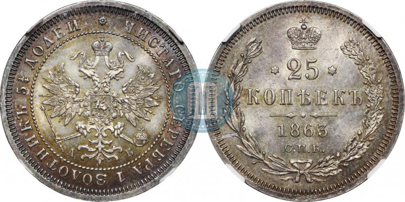 Фото 25 копеек 1863 года СПБ-АБ 