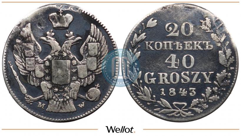 Фото 20 копеек - 40 грошей 1843 года MW 